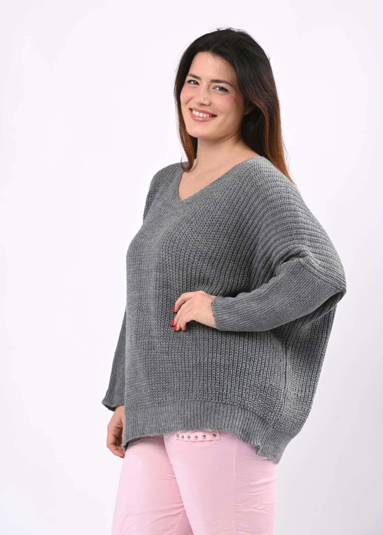 Kati v-aukko neule - harmaa