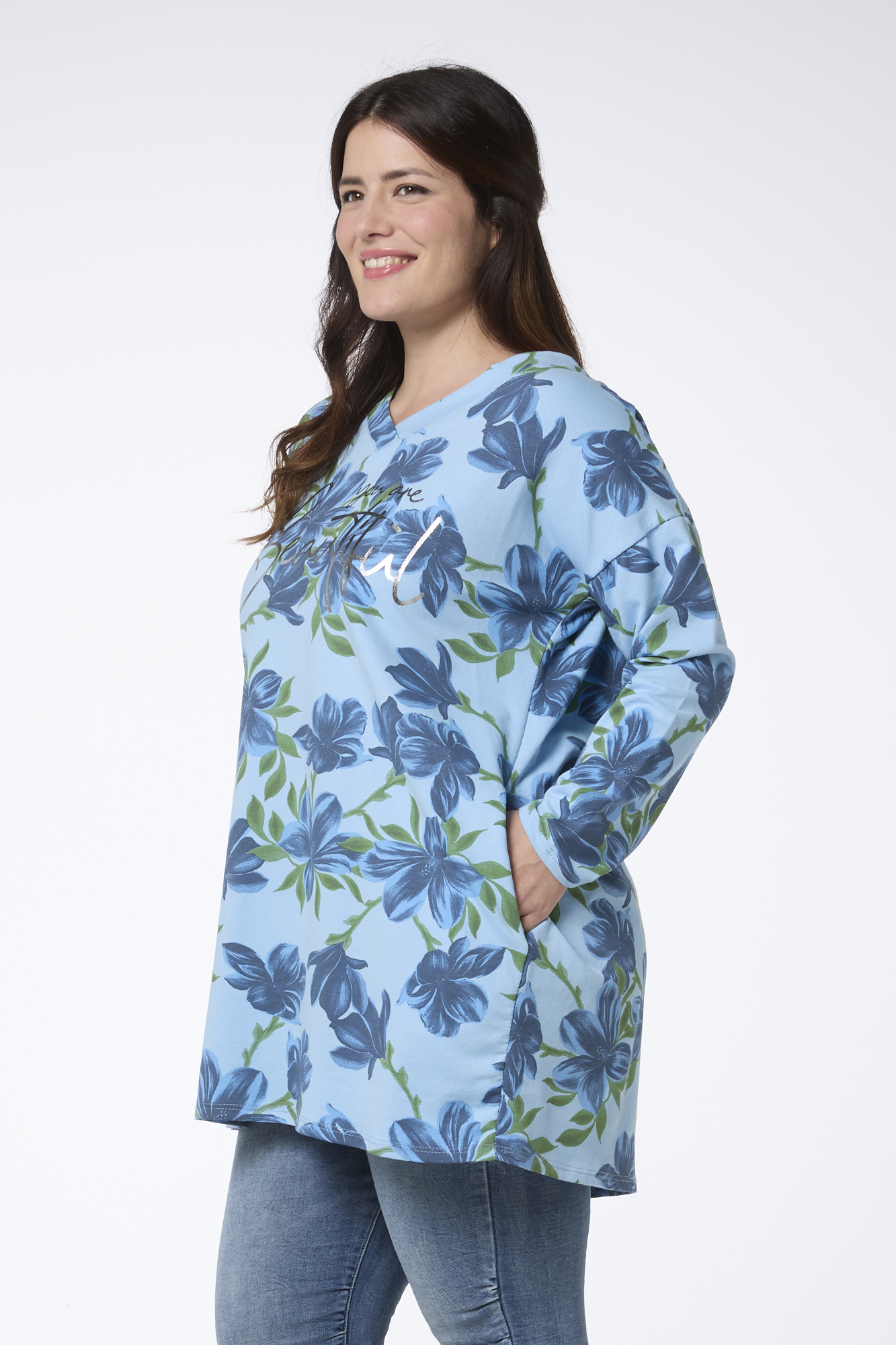 Sirpa pitkä kukkatunika- vaaleansininen - Image 2