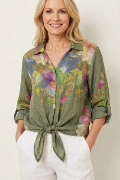 Pellavapusero  kukka- oliivi