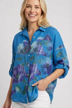 Kukkanitty pellavapaitis  - tumma turkoosi