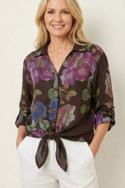 Pellavapusero  kukka- ruskea