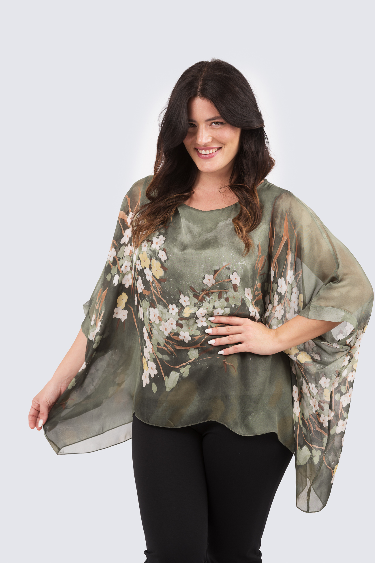 Silk poncho - sakura- oliivi - Image 2