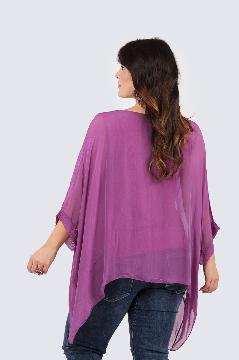 Yksivärinen silkkinen poncho - liila - Image 2