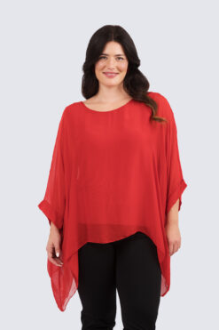 Yksivärinen silkkinen poncho - punainen