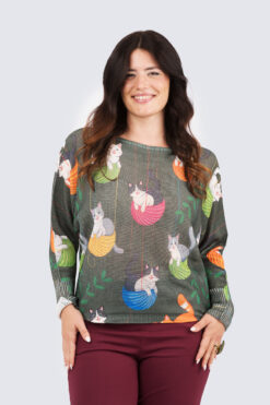 Carmela print neule - Kissat ja lankakerät-oliivi