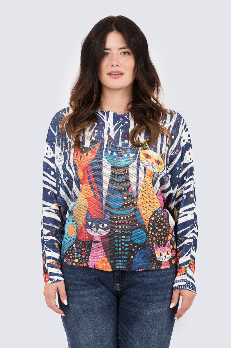 Carmela print neule - Kissat metsässä-sininen