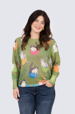 Carmela print neule - Kissat ja lankakerät-pistaasi